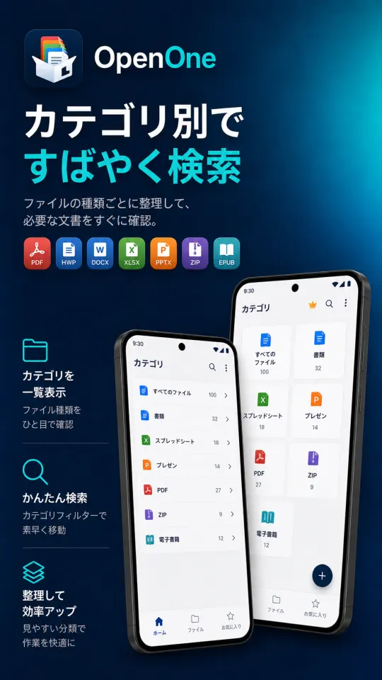 OpenOneのファイル一覧とカテゴリー画面